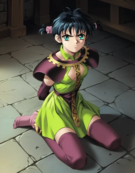 score_9, score_8_up, score_7_up <lora:silvanna-ponyxl:1> silvanna, green dress, purple thighhighs,
1girl, solo, (glaring:0.6), looking at viewer, kneeling, stone floor, arms behind back, indoors, dungeon