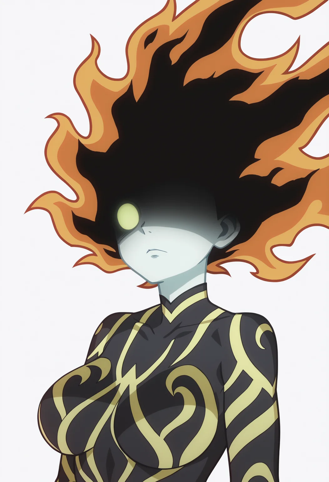 score_9, score_8_up, score_7_up, anime screencap, BREAK
1girl, dimaria, long hair, one eye, no pupils, fiery hair, shaded face,
bodysuit, colored skin, glowing, large breasts, neon trim, no nipples,
upper body, solo, looking at viewer, simple background, white background <lora:DimariaYestaGodSoulPDXL_byKonan:1>