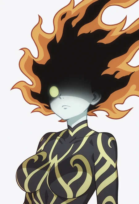 score_9, score_8_up, score_7_up, anime screencap, BREAK
1girl, dimaria, long hair, one eye, no pupils, fiery hair, shaded face,
bodysuit, colored skin, glowing, large breasts, neon trim, no nipples,
upper body, solo, looking at viewer, simple background, white background <lora:DimariaYestaGodSoulPDXL_byKonan:1>