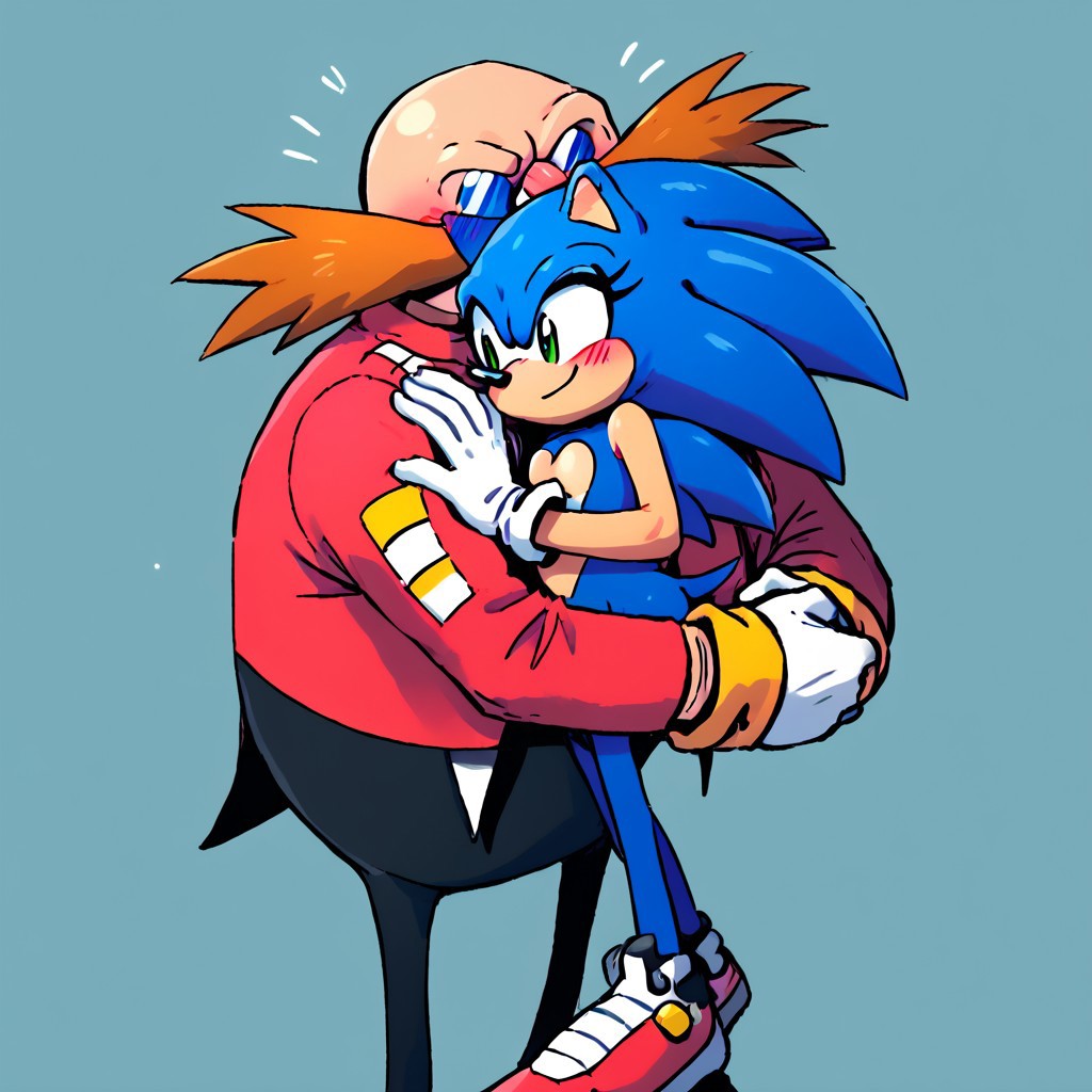 ((Dr Eggman hugging Sonic the Hedgehog)), ((HMOAF)), score_9, score_8_up, head tilt, hug, ((size difference)), ((hugging)), high resolution, cute, ((perfect face, perfect anatomy, good anatomy, proper anatomy)), easynegative, ((bald human male hugging blue anthro female hedgehog)), blushing, (side by side)

[((Dr Eggman)), Eggman, 1boy, 1man, gloves, glasses, white gloves, facial hair, round eyewear, mustache, bald head, red military jacket, tall male, ((fat male, fat eggman)), smirk, handsome male, smug blushing eggman]

((short female furry blue hedgehog)), 1girl, 1woman, (female Sonic), Sonic_the_Hedgehog, female sonic the hedgehog, blue fur quills, green eyes, featureless chest, detailed fur, white gloves, (small sonic), small chest, red sneakers