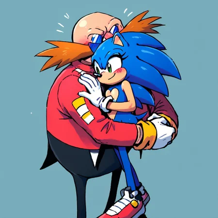 ((Dr Eggman hugging Sonic the Hedgehog)), ((HMOAF)), score_9, score_8_up, head tilt, hug, ((size difference)), ((hugging)), high resolution, cute, ((perfect face, perfect anatomy, good anatomy, proper anatomy)), easynegative, ((bald human male hugging blue anthro female hedgehog)), blushing, (side by side)

[((Dr Eggman)), Eggman, 1boy, 1man, gloves, glasses, white gloves, facial hair, round eyewear, mustache, bald head, red military jacket, tall male, ((fat male, fat eggman)), smirk, handsome male, smug blushing eggman]

((short female furry blue hedgehog)), 1girl, 1woman, (female Sonic), Sonic_the_Hedgehog, female sonic the hedgehog, blue fur quills, green eyes, featureless chest, detailed fur, white gloves, (small sonic), small chest, red sneakers