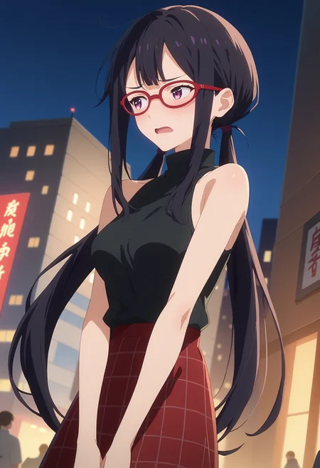 score_9, score_8_up, score_7_up, anime screencap, source_anime, 1girl, solo,
<lora:Koto_Tsukinoki_Makeine_V1:.85>, KJOkoto, black hair, purple eyes, long hair, low twintails, red glasses, 
turtleneck, bare shoulders, checkered skirt, 
hands between legs, looking to the side, blush, open mouth, embarrassed, dutch angle, 
city, night, skyscraper, street, 
(Beautiful, medium Breasts:1.2),