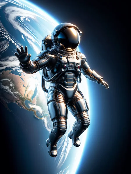 astronaut made of mad-chrm floating in orbit of earth, depth of field, cinematic shot, dramatic lighting, dynamic pose, <lora:Chrome_SDXL:0.7>, (masterpiece:1.2), best quality