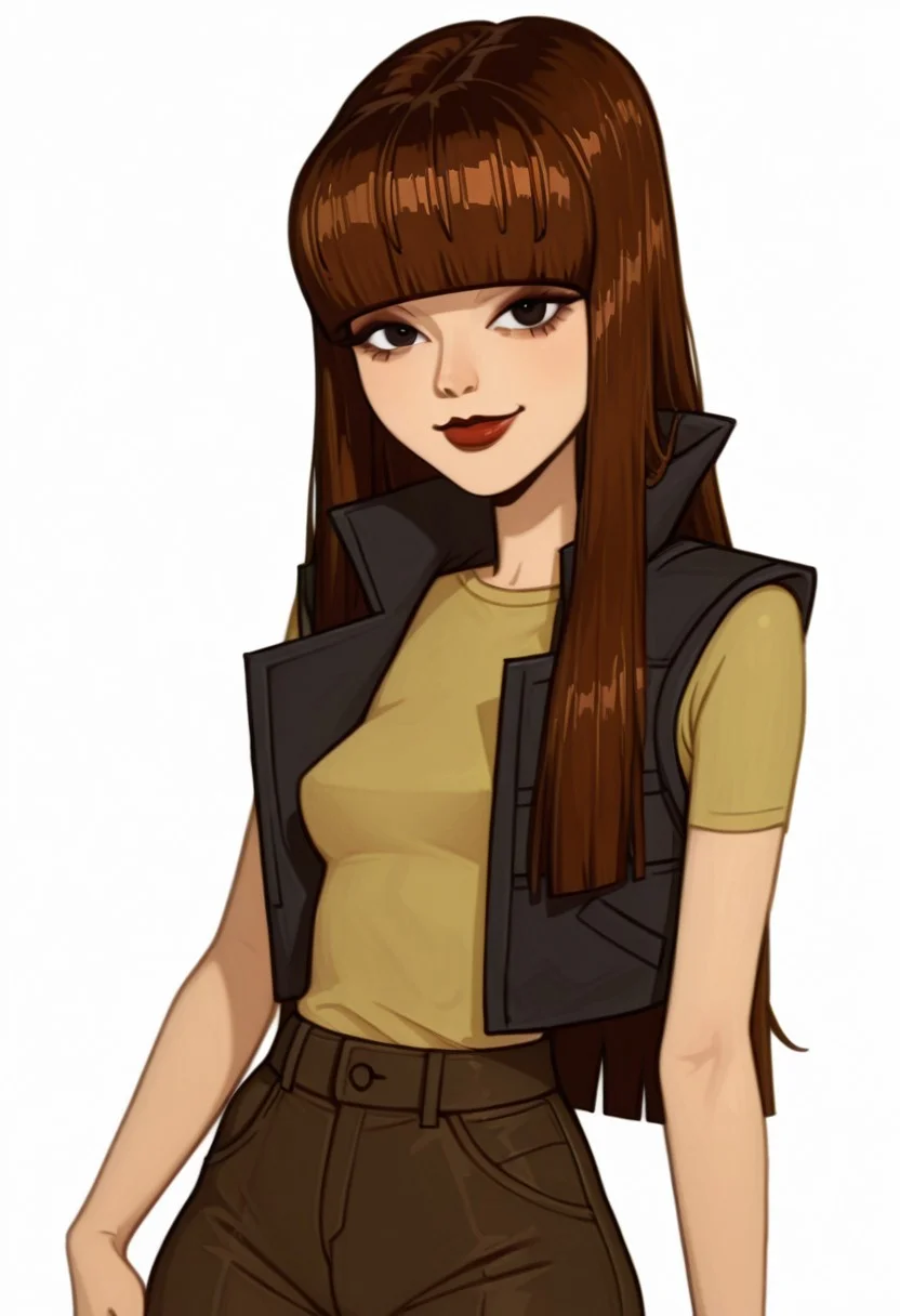 julie, 1girl, bangs, solo, blunt bangs, shirt, vest, lipstick, yellow shirt, black eyes, makeup, long hair, brown hair,pants, black hair, smile, cowboy shot,white background, looking at viewer,, masterpiece, best quality, amazing quality, very aesthetic, absurdres,artist:moriimee