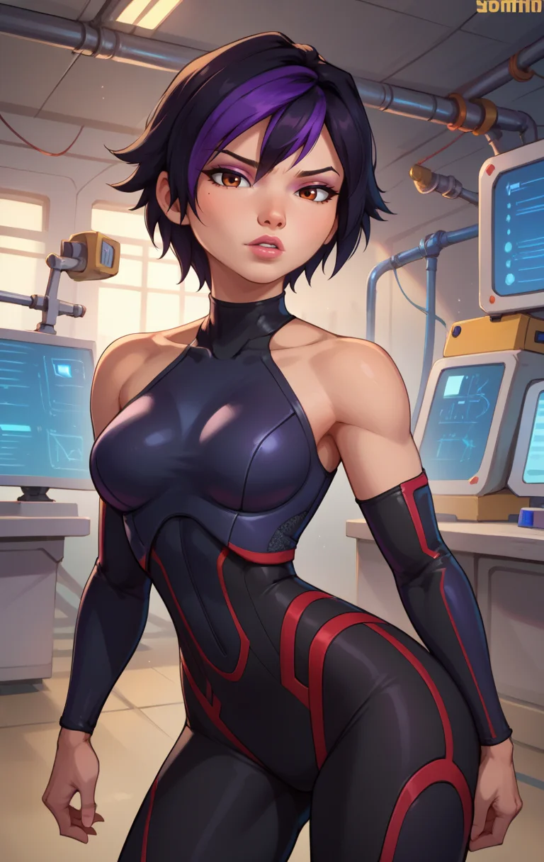 score_9, score_8_up, score_7_up, BREAK, <lora:Gogotomago:0.8> gogotomago, 1girl, solo, looking at viewer, short hair, black hair, purple hair, bare shoulders, brown eyes, parted lips, lips, black bodysuit, skin tight, laboratory background, cowboy shot, standing pose, wide hips, medium breasts,
