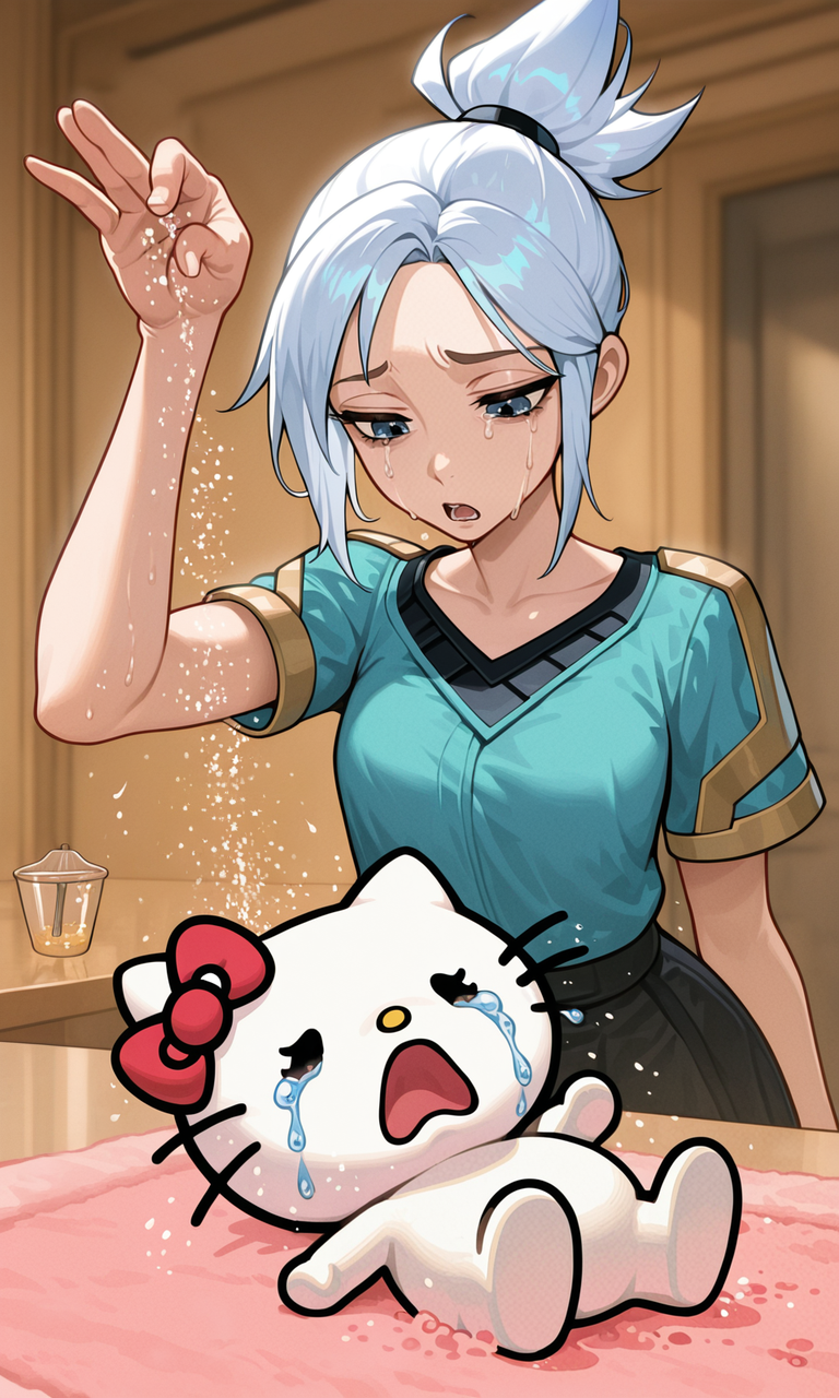 embedding:IllusP0s, hello kitty, standing, sprinkling salt, 1other, 1girl, open mouth, crying, jett_\(valorant\), laying,<lora:sprinkling salt_illustrious.safetensors:1.0:1.0>