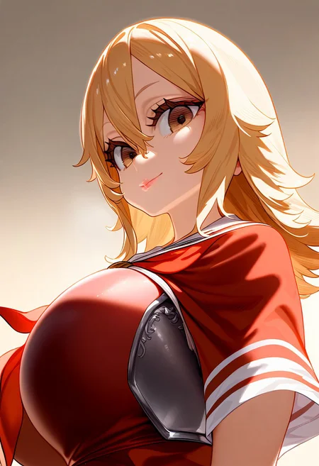(masterpiece:1.2, best quality), (finely detailed eyes: 1.2) (ultra-detailed, hires), (detailed face, detailed eyes), (best illumination), detailed glow, high contrast, looking at viewer, ((solo)), smile, closed mouth, 1girl, huge breasts, wide hips, thick thighs, centurii-chan, blond hair, brown eyes, hair between eyes, medium hair, fluffy hair, bangs, armor, ((breastplate)), dress, neckerchief, red neckerchief, red dress, short dress, short sleeves, pink lips, skindentation, upper body, no background, empty background, (masterpiece, best quality, very aesthetic, absurdres), (ultra detailed perfect piece:1.2), illustration, masterpiece, (extremely detailed CG 8k), (very fine 8K CG), <lora:add-detail-xl:-1>