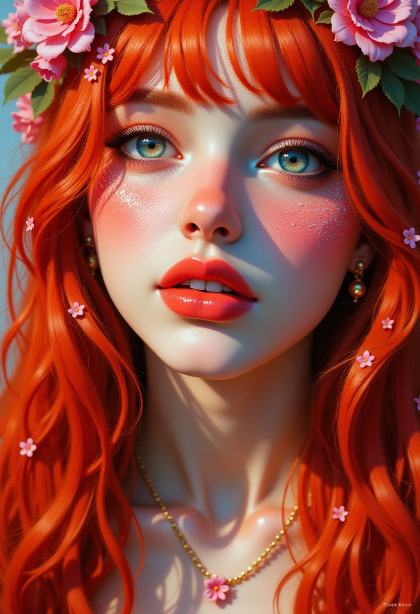 Photorealistic digital painting of an ethereal woman with long flowing red hair,  a porcelain-like, extremely pale complexion and natural warm blush on her cheeks. She has blush-toned eyeshadow and delicate, ethereal facial features. Her face is adorned with a stylish face paints that make her look otherworldly and psychedelic.  The artwork is highly detailed, with a soft, realistic lighting style that enhances the warm undertones in her skin.