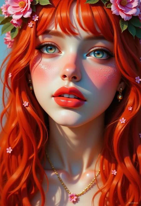 Photorealistic digital painting of an ethereal woman with long flowing red hair, a porcelain-like, extremely pale complexion and natural warm blush on her cheeks. She has blush-toned eyeshadow and delicate, ethereal facial features. Her face is adorned with a stylish face paints that make her look otherworldly and psychedelic. The artwork is highly detailed, with a soft, realistic lighting style that enhances the warm undertones in her skin.