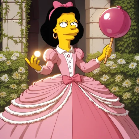 score_9, score_8_up, score_7_up, score_6_up, score_5_up, score_4_up, garden, castle garden, g1na v3ndetti, multicolored hair, black hair, pink hair, two-tone hair, solo, 1 girl, simpsons, pink hairband with bow, huge pink rococo princess ball gown hoop skirt, huge pannier skirt, ball gown hoop skirt, pink princess dress, hoopdress, my big princess gypsy wedding dress, ballgown, Ba11g0wn, puffy sleeves, long sleeves, a girl in a dress posing for a picture, looking at viewer and smiling, holding a magical orb in hand,
