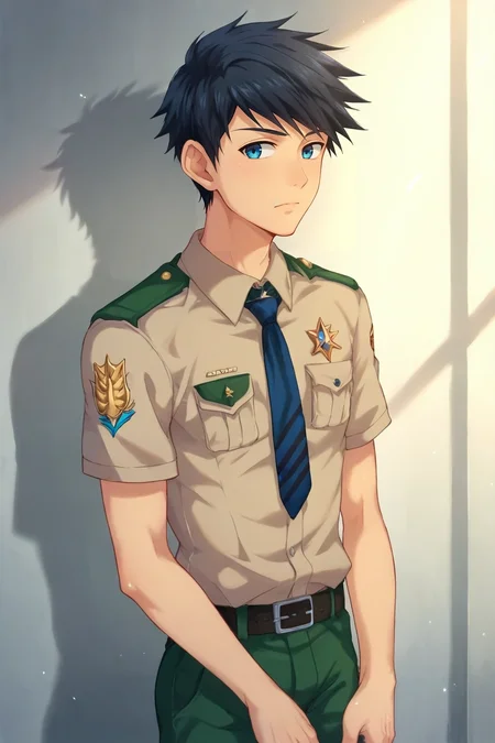 score_9, score_8_up, score_7_up, source_anime, rating_safe, intricate details, (photorealistic:0.6), looking at viewer, , 1boy, solo, male focus, <lora:natsumi_hamasaki_pony:0.94>, natsumi_hamasaki, black hair, blue eyes, short hair, uniform, , , <lora:sdxl_lightning_8step_lora:1>