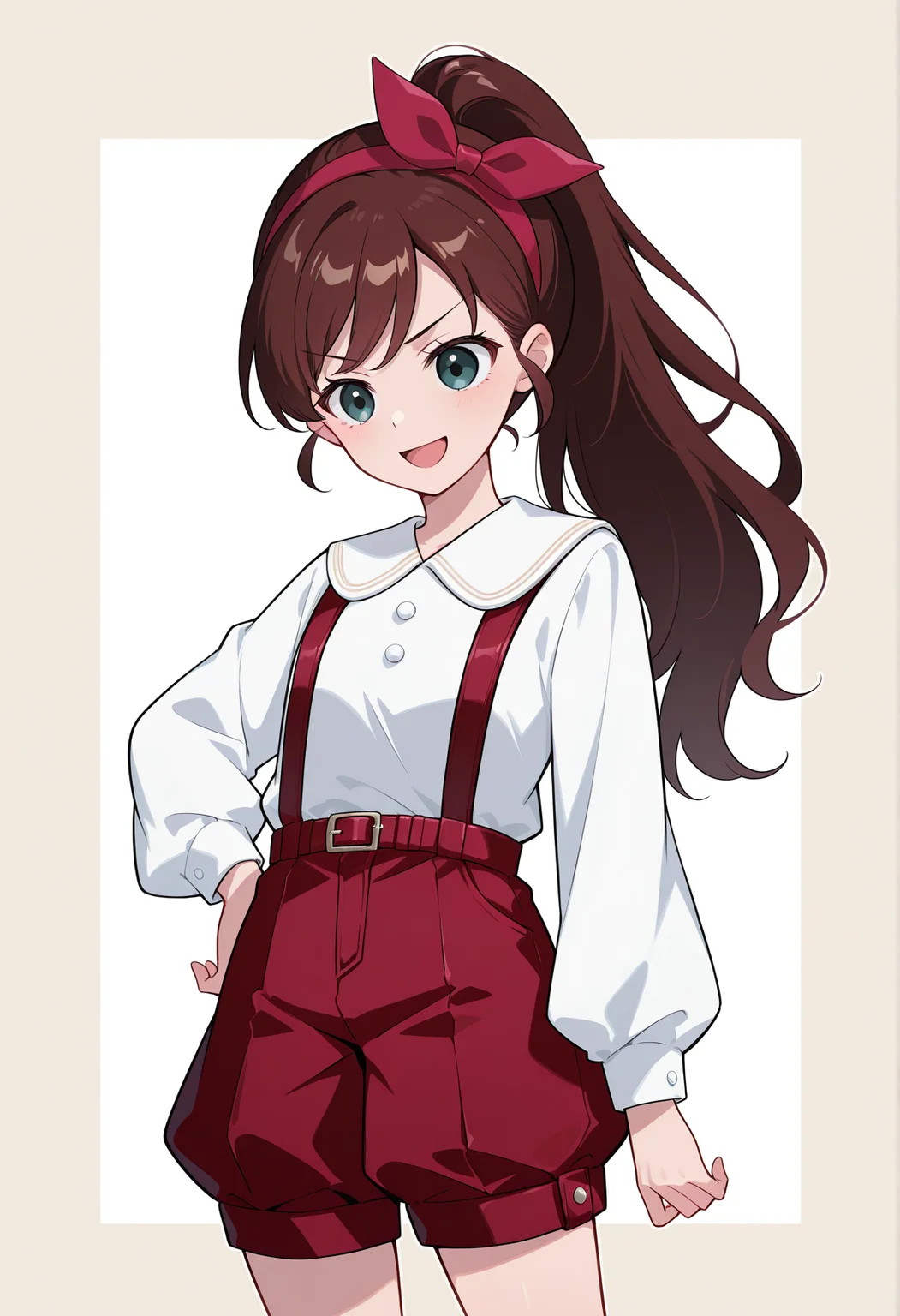 <lora:ruirui_ill_v1.0:1>,ruirui,brown hair,long hair,ponytail,long hair,
hair bow,white shirt,long sleeves,suspender shorts,
1girl,solo,
standing,hand on own hip,open mouth,smile,v-shaped eyebrows,cowboy shot,, textless version,