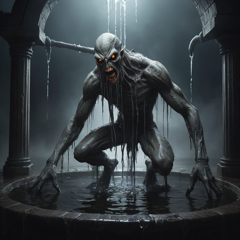 high quality, masterpiece, emaciated pale skinned monster crawling out of a simple water well, enveloped by dark mist, dripping slime, shiny oiled skin, elaborate fantasy style art, intricate details, ultra sharp, backlit, exquisite detail, flawless composition <lora:Evil:0.8> evilrealm
