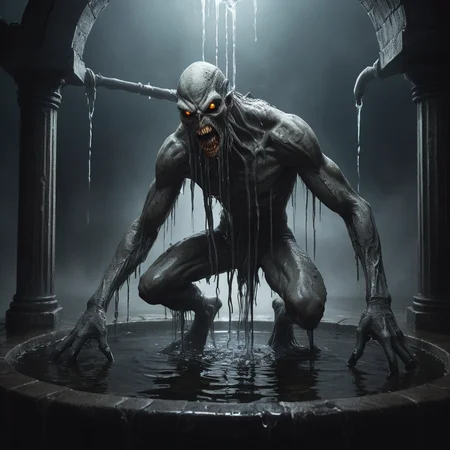 high quality, masterpiece, emaciated pale skinned monster crawling out of a simple water well, enveloped by dark mist, dripping slime, shiny oiled skin, elaborate fantasy style art, intricate details, ultra sharp, backlit, exquisite detail, flawless composition <lora:Evil:0.8> evilrealm