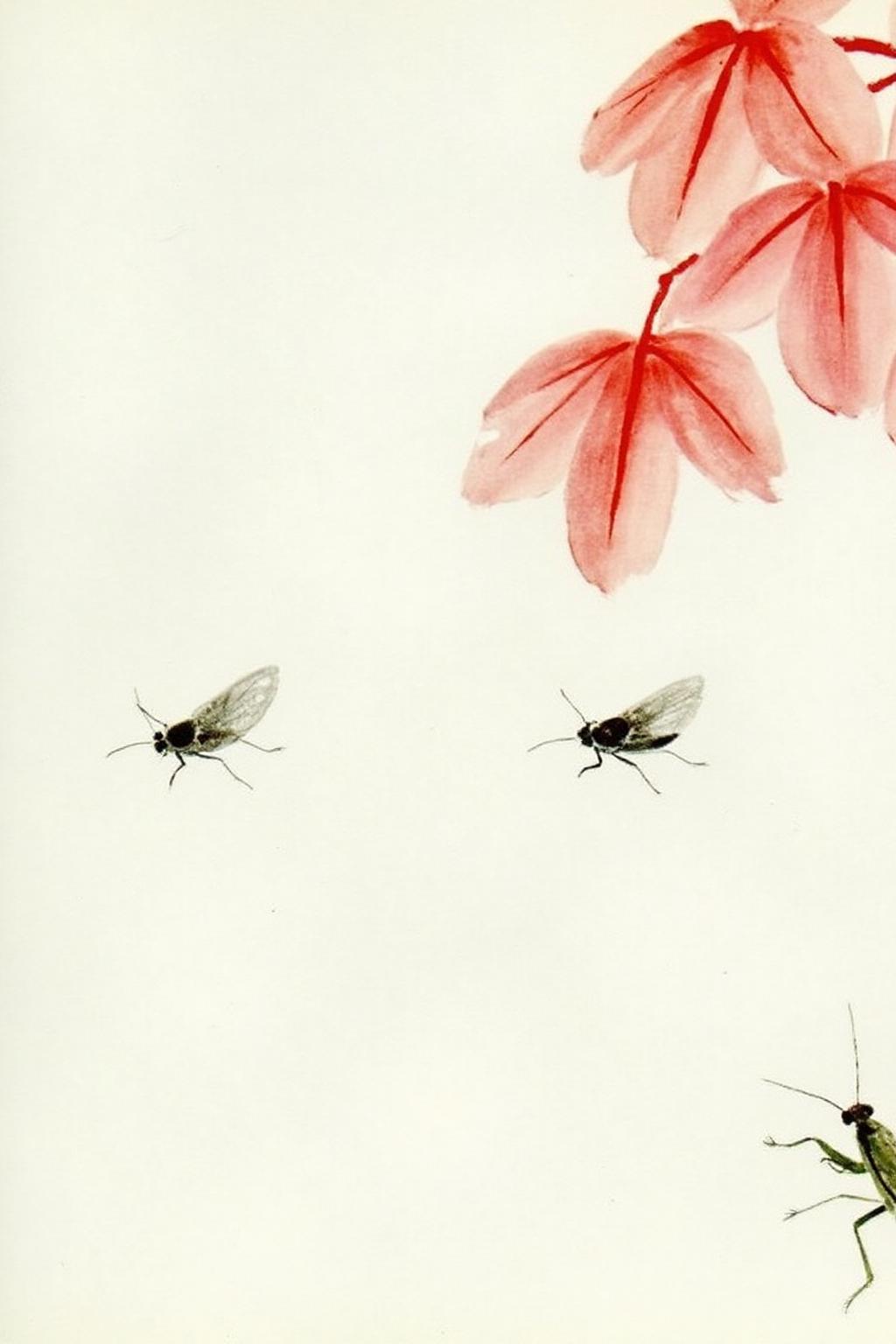 This is a delicate, watercolor painting featuring a stylized depiction of a scene from nature. The artwork is rendered in soft, subtle hues of red, pink, and white on a light cream background. The primary subjects are a small cicada and a leaf. The cicada is positioned near the center and upper right part of the image. It has delicate, translucent wings and a slender body, painted in shades of gray and white, with subtle shading to give it a lifelike appearance. The leaf, which is the main focal point, is situated on the right side of the image. It is depicted with a delicate, almost translucent quality, featuring a vibrant red hue with subtle pink undertones. There is a praying mantis at the bottom right hand corner. <lora:qbs1_cap_d6a3e12:1.0><lora:818413650692822438:0>