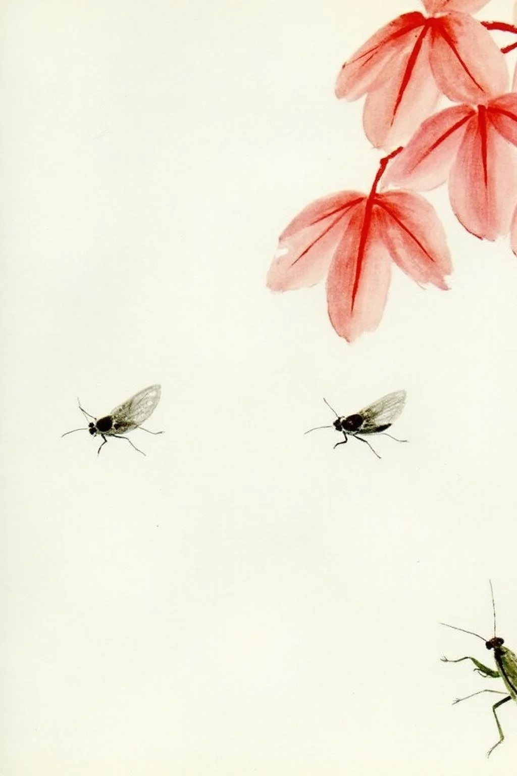 This is a delicate, watercolor painting featuring a stylized depiction of a scene from nature. The artwork is rendered in soft, subtle hues of red, pink, and white on a light cream background. The primary subjects are a small cicada and a leaf. The cicada is positioned near the center and upper right part of the image. It has delicate, translucent wings and a slender body, painted in shades of gray and white, with subtle shading to give it a lifelike appearance. The leaf, which is the main focal point, is situated on the right side of the image. It is depicted with a delicate, almost translucent quality, featuring a vibrant red hue with subtle pink undertones. There is a praying mantis at the bottom right hand corner. <lora:qbs1_cap_d6a3e12:1.0><lora:818413650692822438:0>