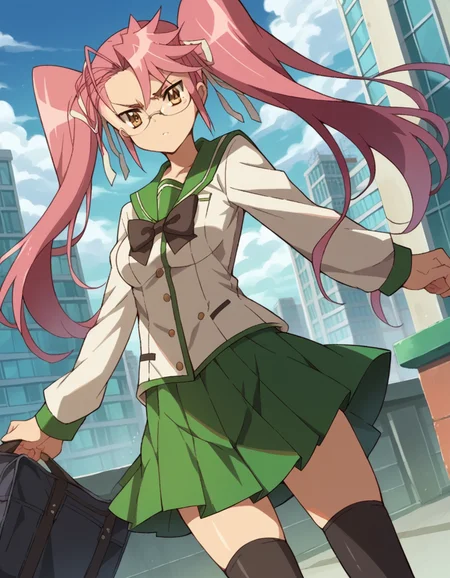 score_9, score_8_up, score_7_up, source_anime,
sayatakagi, <lora:saya-takagi-ponyxl-lora-nochekaiser:1>,
saya takagi, long hair, ribbon, twintails, brown eyes, hair ribbon, pink hair, glasses,
skirt, thighhighs, school uniform, serafuku, zettai ryouiki, green skirt, bowtie, long sleeves, black thighhighs, black bowtie,
outdoors, cityscape, zombies,
looking at viewer, cowboy shot, dutch angle,