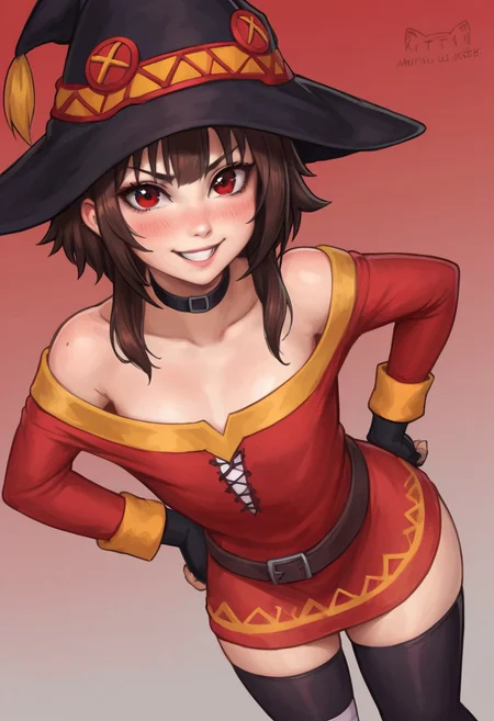 core_9, score_8_up, score_7_up, <lora:Kittew:1>, 1girl, (solo:1.2), (curvy:1.2), (masterpiece:1.3), (best quality:1.3), (perfect anatomy:1.4), source_anime, megumin, kono subarashii sekai ni shukufuku wo!, 1girl, solo, hat, witch hat, brown hair, short hair with long locks, red eyes, blush, closed mouth, black choker, collarbone, flat chest, off-shoulder dress, dress, red dress, long sleeves, black gloves, fingerless gloves, belt, brown belt, gold trim, asymmetrical legwear, mismatched legwear, bandaged leg, black thighhighs, perfect hands, perfect eyes, looking at viewer, dutch angle, cowboy shot, standing, hands on hips, grin, simple background, red background, bent over, high angle