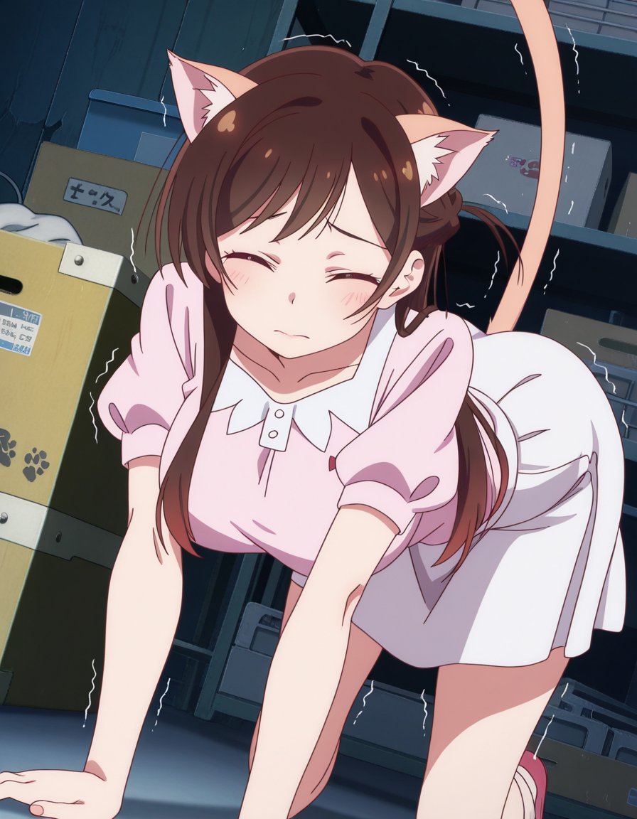 masterpiece, best quality, amazing quality,, <lora:chizuru-ichinose-s1-illustriousxl-lora-nochekaiser:1>, chizuru ichinose, long hair, bangs, brown hair, brown eyes, one side up, large breasts, mature female, anime screencap, skirt, shirt, short sleeves, puffy sleeves, puffy short sleeves, white skirt, pink shirt,, storage room, shelves, boxes, clutter, supplies, , stretching, top-down bottom-up, all fours, arched back, closed eyes, cat tail, animal ears, tail ears, trembling, looking at viewer, solo,, cowboy shot, solo