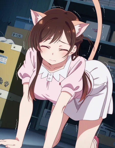 masterpiece, best quality, amazing quality,, <lora:chizuru-ichinose-s1-illustriousxl-lora-nochekaiser:1>, chizuru ichinose, long hair, bangs, brown hair, brown eyes, one side up, large breasts, mature female, anime screencap, skirt, shirt, short sleeves, puffy sleeves, puffy short sleeves, white skirt, pink shirt,, storage room, shelves, boxes, clutter, supplies, , stretching, top-down bottom-up, all fours, arched back, closed eyes, cat tail, animal ears, tail ears, trembling, looking at viewer, solo,, cowboy shot, solo