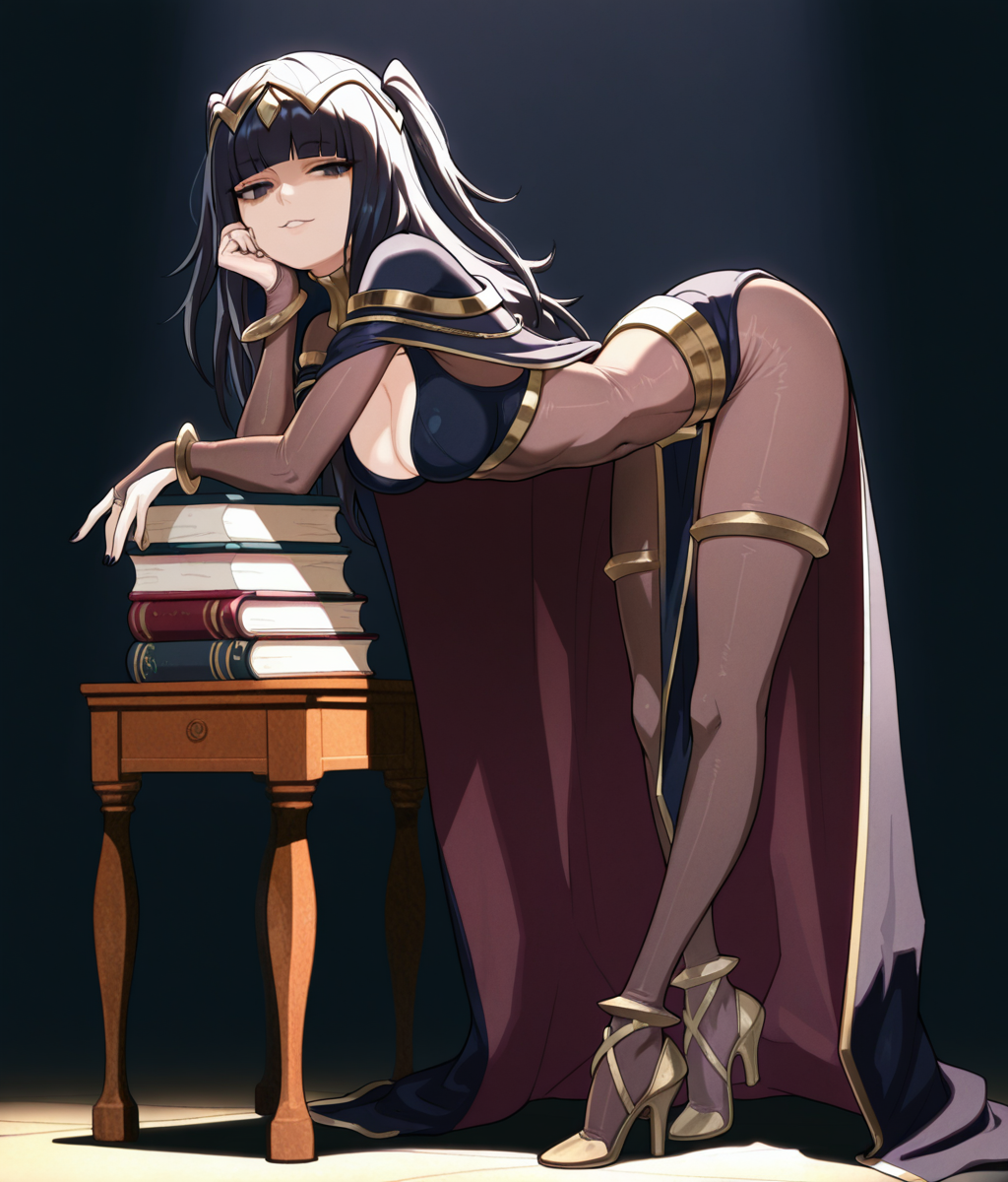 <lora:Butterchalk_Style1:1>, butt3rch4lk, masterpiece, masterwork, absurdres, 8k, uhd, high detailed face, high detailed eyes, perfect eyes, 1girl, solo, long hair, black hair, cleavage, jewelry, seductive smile, seductive eyes, full body, cape, nail polish, bracelet, two side up, book, bodysuit, covered navel, chair, tiara, bent over, bridal gauntlets, skull, bodystocking, book stack, medium breasts, tharja (fire emblem), masterpiece, best quality, amazing quality, masterwork, cinematic light, harsh shadows, light and shadows, perfect composition