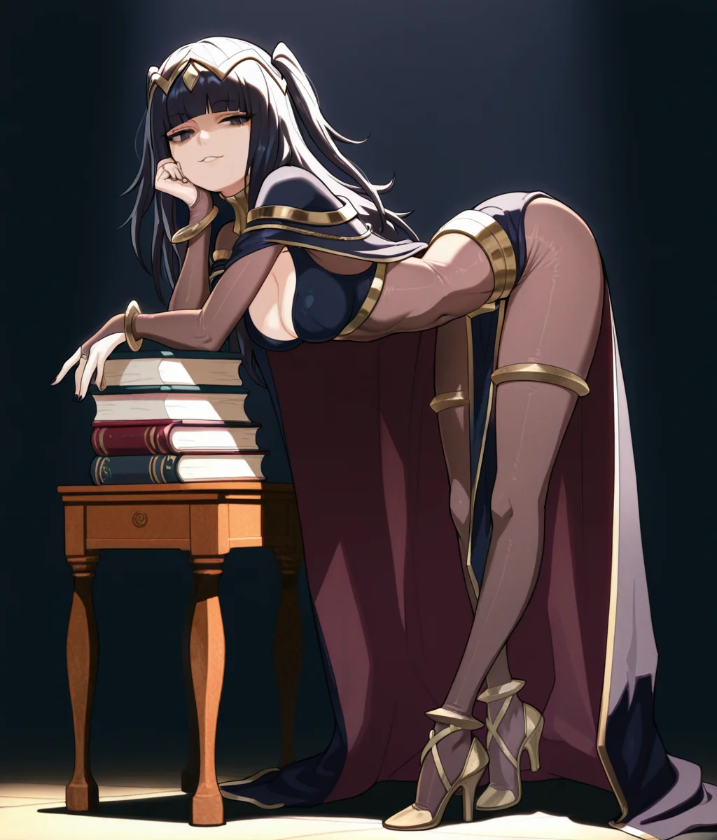 <lora:Butterchalk_Style1:1>, butt3rch4lk, masterpiece, masterwork, absurdres, 8k, uhd, high detailed face, high detailed eyes, perfect eyes, 1girl, solo, long hair, black hair, cleavage, jewelry, seductive smile, seductive eyes, full body, cape, nail polish, bracelet, two side up, book, bodysuit, covered navel, chair, tiara, bent over, bridal gauntlets, skull, bodystocking, book stack, medium breasts, tharja (fire emblem), masterpiece, best quality, amazing quality, masterwork, cinematic light, harsh shadows, light and shadows, perfect composition