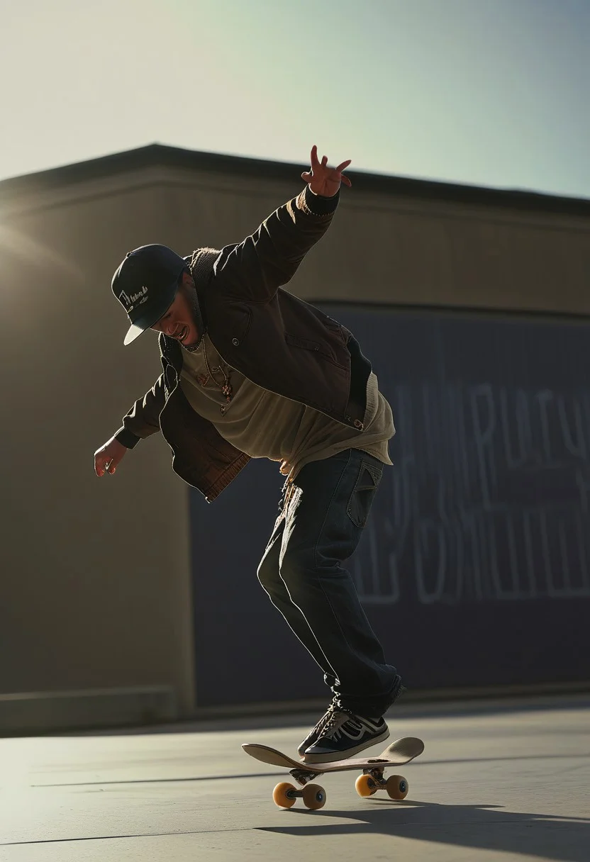 D4NC3RS, a man in a hat and jacket doing a trick on a skateboard, hip hop dancing, cinematic angle, cinematic lighting, best quality, masterpiece, masterpiece, detailed Nikon X3460, cinematic angle, cinematic lighting, hyperdetailed photography, soft light,