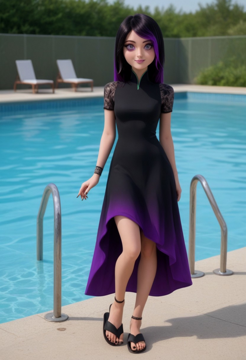 score_9, score_8_up, score_7_up, Expressiveh, full body,
1girl, swimming pool, 
imtdjulekac, purple hair, black hair, two tone hair, multicolored hair, violet eyes, makeup, lipstick, gradient hair, black nails, thin hips, thin legs, iridescent dress, full length dress, ankle length dress, split on side, glass slippers.
looking at viewer, friendly smile,