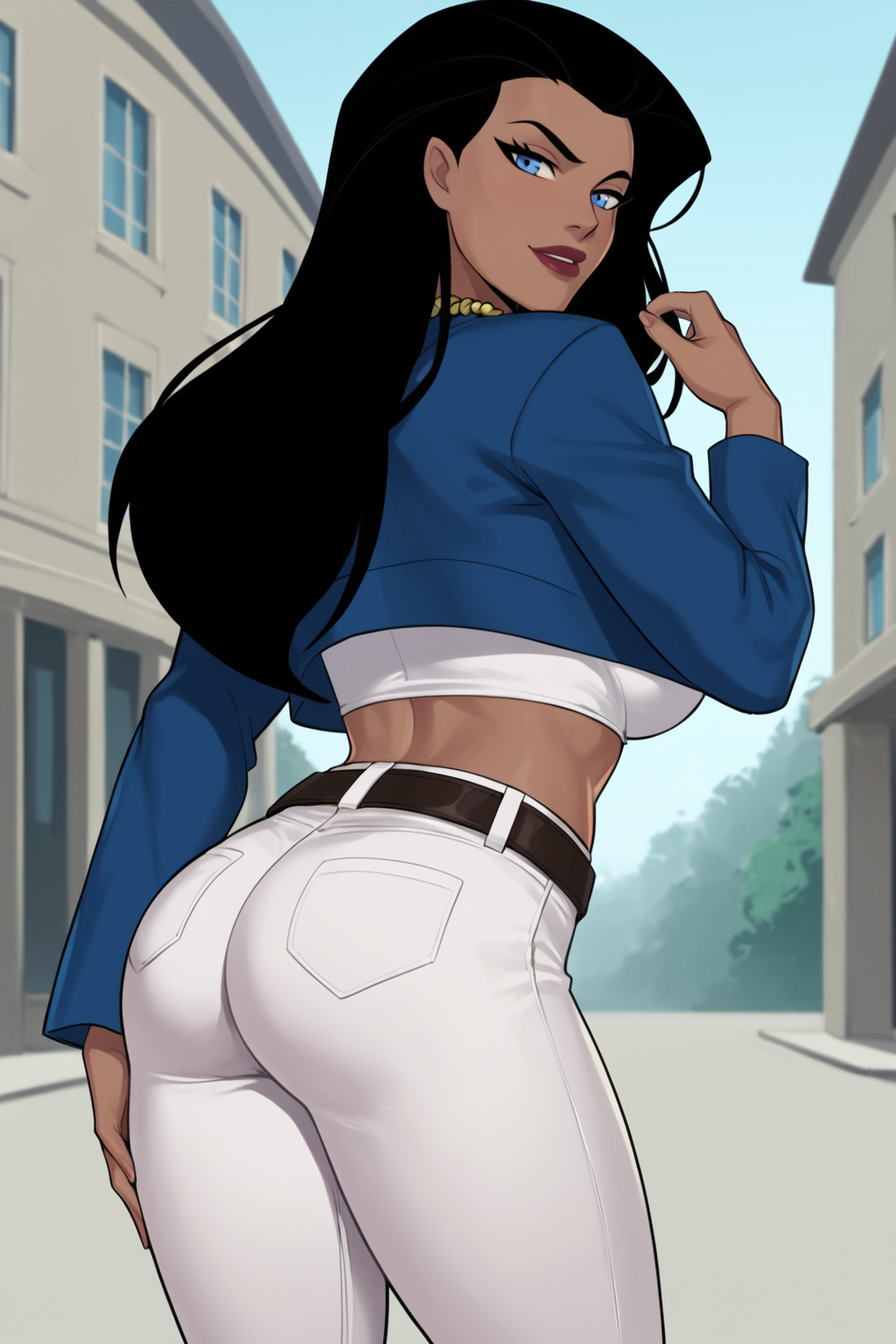PonyXLV6_Scores BREAK ((parody), perfect anatomy, perfect eyes, cowboy shot), <lora:add_details_xl:0.8> BREAK <lora:Wonder_Woman_-_DC_Animated_Universe:0.8> diana prince, long hair, black hair, blue eyes, lipstick, dark-skinned female, flirting, raised eyebrow, ((looking back at viewer)), necklace, jewelry, blue jacket, white shirt, crop top, midriff, belt, white pants, large breasts, curvy, toned, athletic, seductive pose, showing off her ass, outdoors