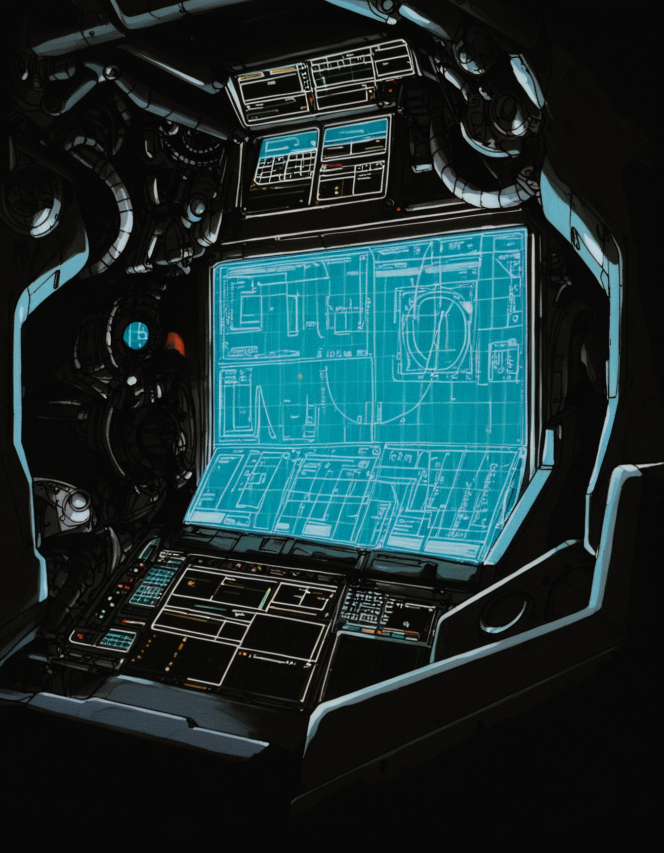 masterpiece, best quality, highres, (traditional media:0.6), highly detailed, 
cockpit, screen, buttons, mechanical parts, hud, <lora:Metal Skin Panic MADOX-01 Illustrious_1:1>
