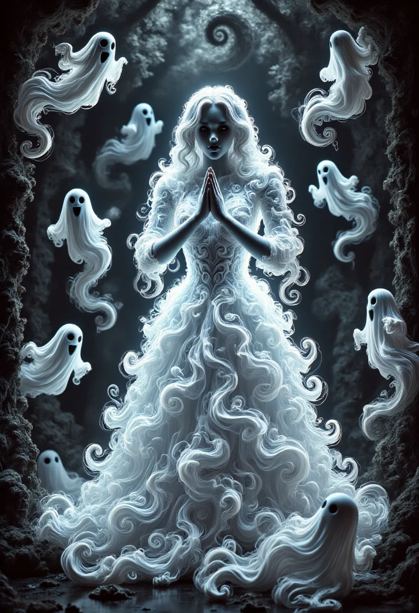 aidmafluxpro1.1,
A pale woman is wearing a glowing dress made of ghosts. she has a pale skin, detailed blue eyes and red lipstick. She's praying to the idol of a dark cult. The scene is set in a dark twisted forest where swirly ghosts are flying around here.
masterpiece, best quality