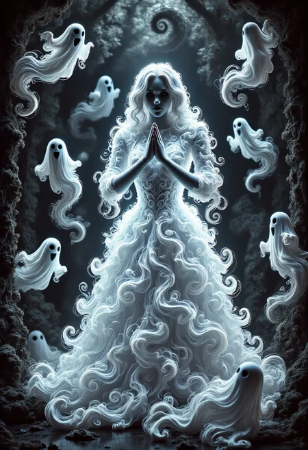 aidmafluxpro1.1,
A pale woman is wearing a glowing dress made of ghosts. she has a pale skin, detailed blue eyes and red lipstick. She's praying to the idol of a dark cult. The scene is set in a dark twisted forest where swirly ghosts are flying around here.
masterpiece, best quality