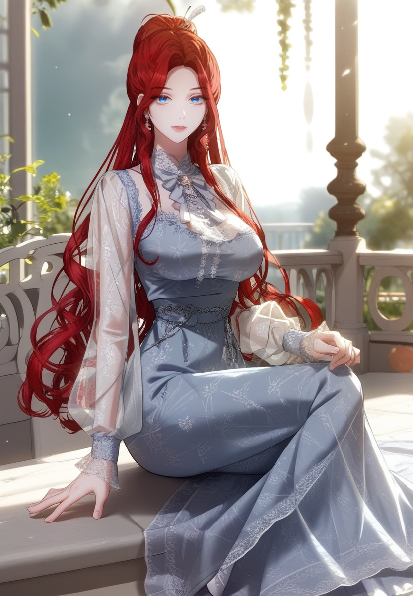 zPDXL3, score_9_up, score_8_up, score_7_up, (Anime_source),Masterpiece,(perfect female body:1.2), (incredibly detailed:1.4), slim, small waist, beautiful fingers, beautiful white skin, Beautiful clear skin, (large breasts:1.4)  looking at viewer, big breasts,  <lora:Hilaria_Guenièvre_-_Concubines_Invitation-Kaleid_PONY:1>hilariaguenievre, 1girl, blue eyes, red hair, long hair, ass, perfect ass, skirt, long skirt, hair ornament, long sleeves, dress, see-through, sitting, full body,