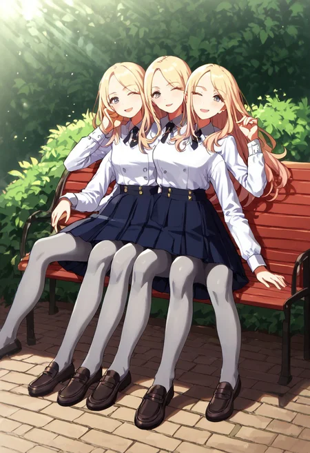 ((1girl)), ((8arms, three heads, six legs, trileg)),  score_9, score_8_up, score_7_up, score_6_up, score_5_up, score_4_up, shiny skin, leg focus, (from side), juosena, (( grey pantyhose))), loafers, fully clothed, casual, sitting on bench, slender legs,  ((one eye closed)), looking at viewer, outdoors, garden, [shadows], light rays, Expressiveh