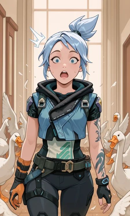 embedding:IllusP0s, g00se, goose ambush, 6+ geese, jett_\(valorant\), surprised,1girl, solo,<lora:g00se_v2_ill.safetensors:0.8:0.8> <lora:goose ambush_illustrious.safetensors:1:1>