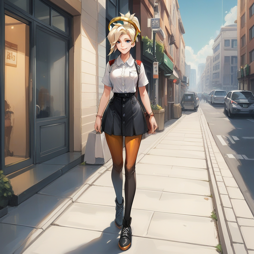 zPDXL2,score_9, score_8_up, score_7_up, score_6_up, score_5_up, score_4_up, source_anime, 1girl,Mercy \(Overwatch\)     ,cowboy shot, looking at viewer, smile, <lora:Sidewalk:0.7> s1dew4lk, building, sidewalk, next to street