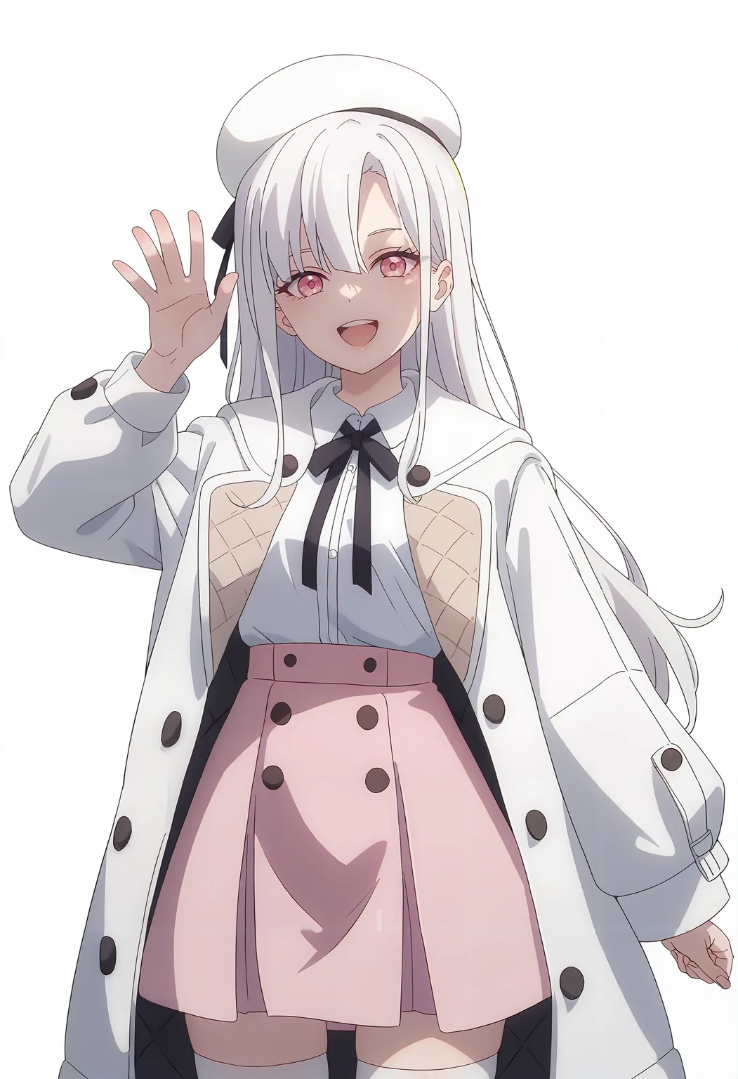 score_9_up,score_8_up,score_7_up,<lora:Makina Solage_v2.0_pony-000030:1>,
DL_MS,1girl,solo,white hair,looking at viewer,white hat,long hair,black neck ribbon,pink eyes,open mouth,shirt,white shirt,beret,collared shirt,white coat,cowboy_shot,white thighhighs,pink skirt,white_background,simple_background,smile,waving
