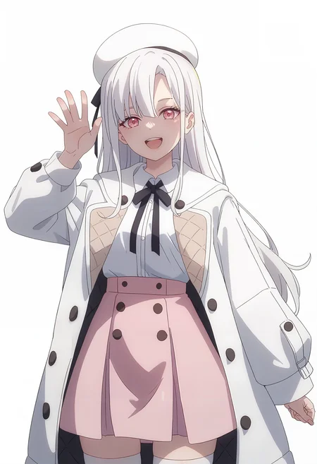 score_9_up,score_8_up,score_7_up,<lora:Makina Solage_v2.0_pony-000030:1>,
DL_MS,1girl,solo,white hair,looking at viewer,white hat,long hair,black neck ribbon,pink eyes,open mouth,shirt,white shirt,beret,collared shirt,white coat,cowboy_shot,white thighhighs,pink skirt,white_background,simple_background,smile,waving