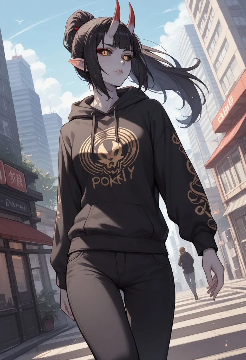 score_9, score_8_up, score_7_up, score_6_up, rating_questionable, 1girl, Polly, PollyRH, oni horns, pointy ears, colored sclera, third eye, black sclera, slit pupils, grey skin, long black hair, ponytail, gold eyes, HD32k, dynamic pose, aesthetic, perspective, solo, detailed, sensual look, walking, black print hoodie, pants, city, angle shot, take away coffee, looking away, pensive