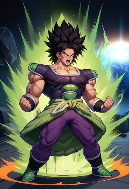 score_9, score_8_up, score_7_up, broly, black hair, medium hair, spiked hair, black eyes, muscular male, scar on face, scar on cheek, saiyan armor, pectorals, tight clothes, clothes around waist, purple pants, <lora:BrolyDBSuper_pdxl_Incrs_v1:1> <lora:DBKiCharge_XLPD:1> Ki Charge, aura, fighting stance, green aura, clenched hands, full body
