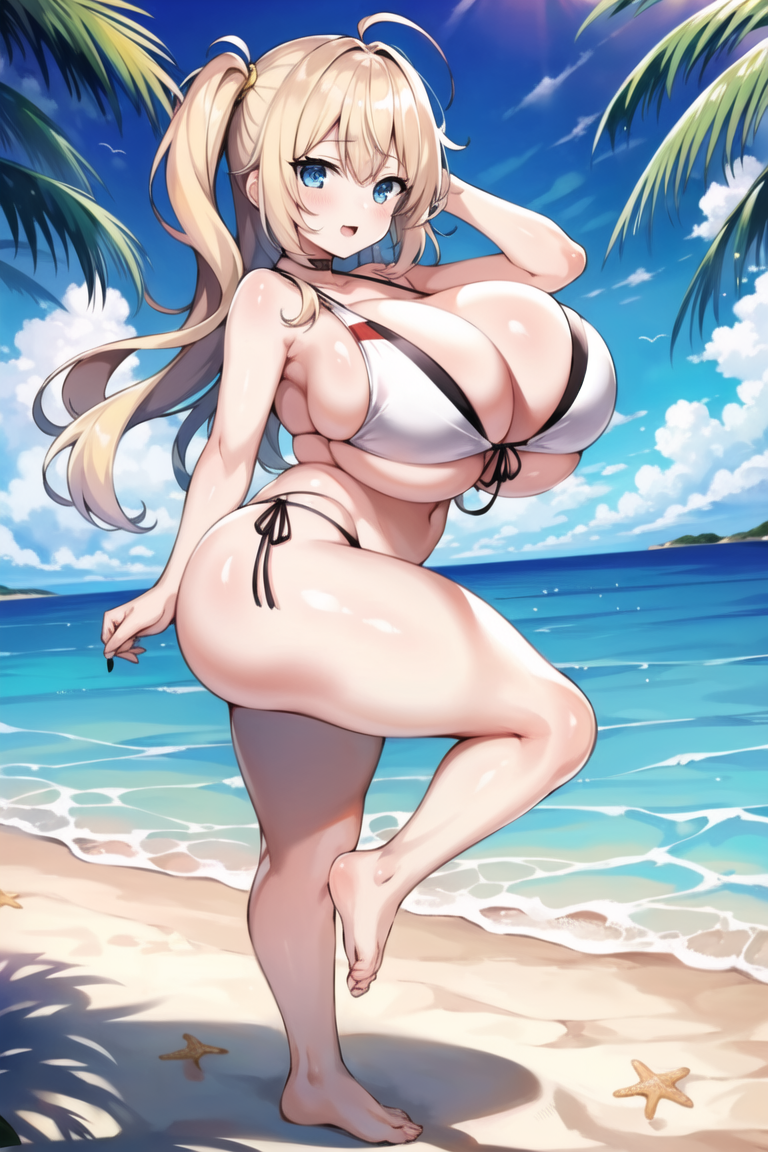 (masterpiece, official art), 1girls, solo, shortstackBT, thick, blonde hair, long hair, bare foot, bikini, full body, standing, beach, sunlight, <lora:shortstackBT-15_v3:1>