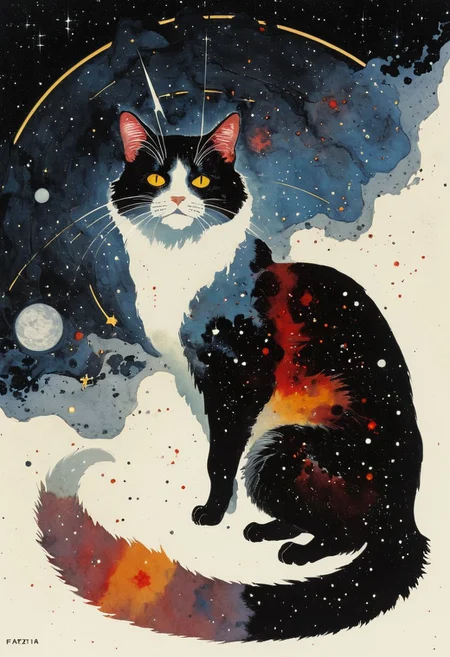 <lora:galaxyXL:1> galaxy cat, void, cosmic, white background, (in the style of Frank Frazetta painting) Dean Cornwell, design, 1970s, Russian Constructivist style, double exposure, volumetric lighting, expressive, ancient starchart, ink spattered background, warm colors, space, art deco, splatter, Japanese Woodblock print, planar rectilinear shapes, extreme energy, dynamic posing, Dutch angle, black, Crimson<lora:xl_more_art-full_v1:0.3>