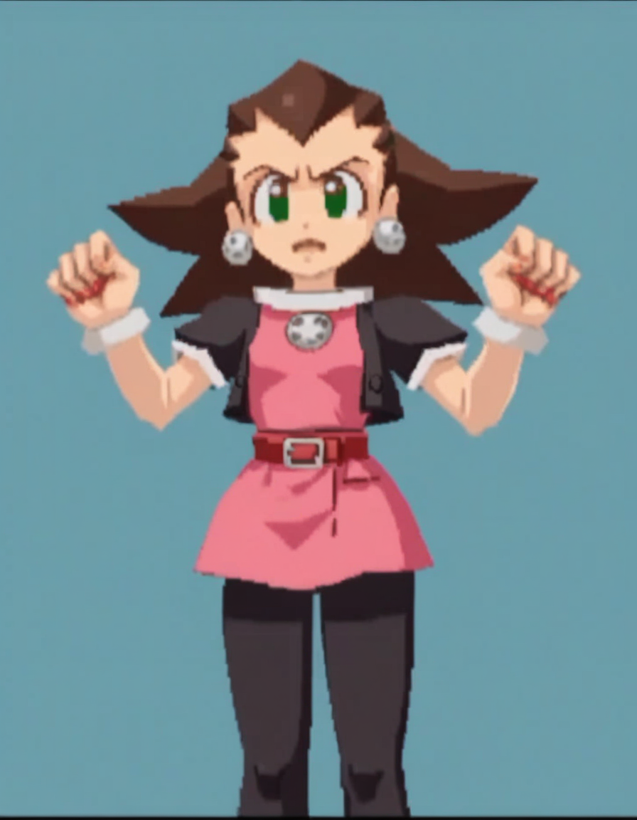zPDXL, score_9, score_8_up, score_7_up, source_anime, 1girl, solo,
<lora:RockLegend_v1:1> rcklgnd, tron bonne \(mega man\), brown hair, green eyes, pink dress, black jacket, black pantyhose, hair slicked back , giggling, victory pose,