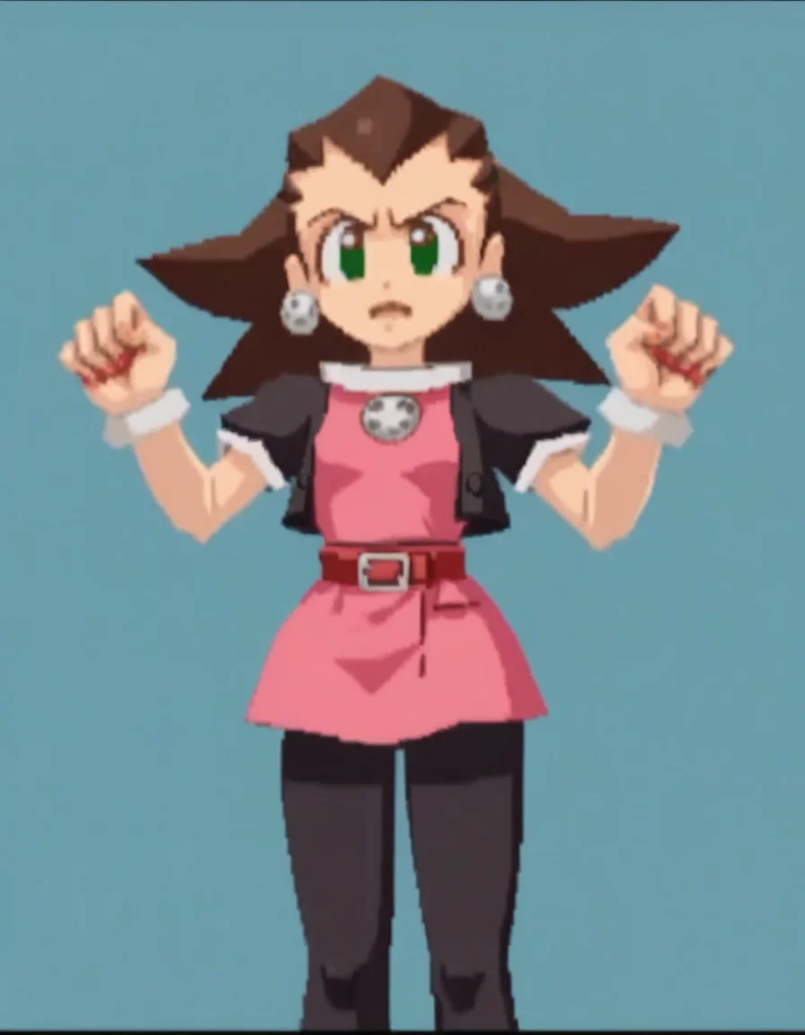 zPDXL, score_9, score_8_up, score_7_up, source_anime, 1girl, solo,
<lora:RockLegend_v1:1> rcklgnd, tron bonne \(mega man\), brown hair, green eyes, pink dress, black jacket, black pantyhose, hair slicked back , giggling, victory pose,