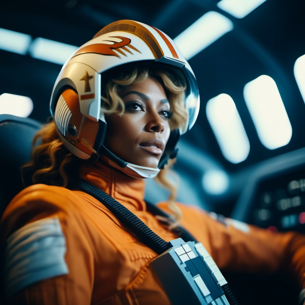 cinematic photo beyonce  wears gloves, orange and white spacesuit, helmet, in cockpit, in space  <lora:StarWars1024:0.8> . 35mm photograph, film, bokeh, professional, 4k, highly detailed
