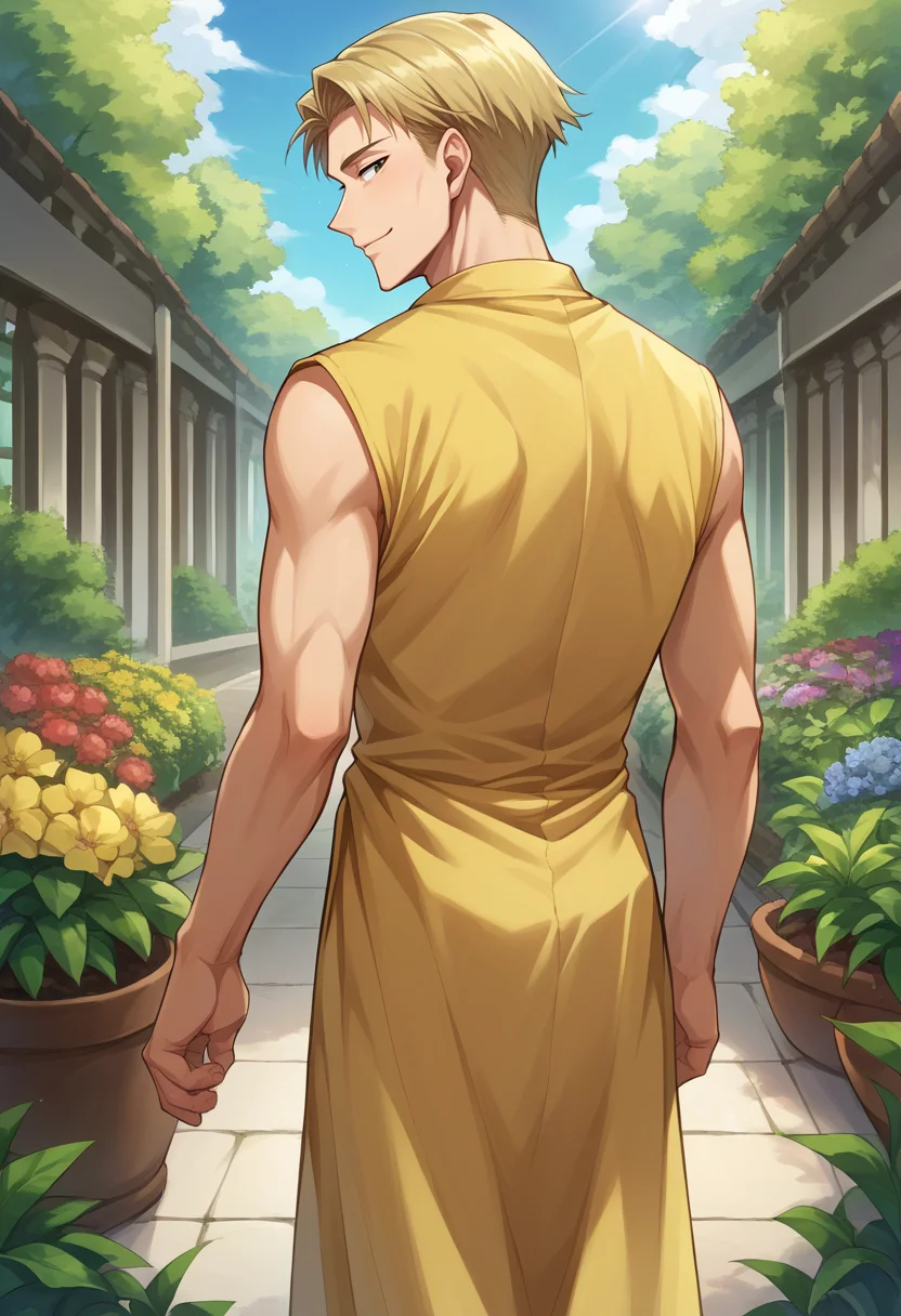 score_9, score_8_up, source_anime, 1boy, solo, KentoNanami, blonde hair, short hair, from behind, yellow sundress, garden, day, sunshine, smile, looking back, <lora:ChamKentoNanamiPonyXL:1.0>
