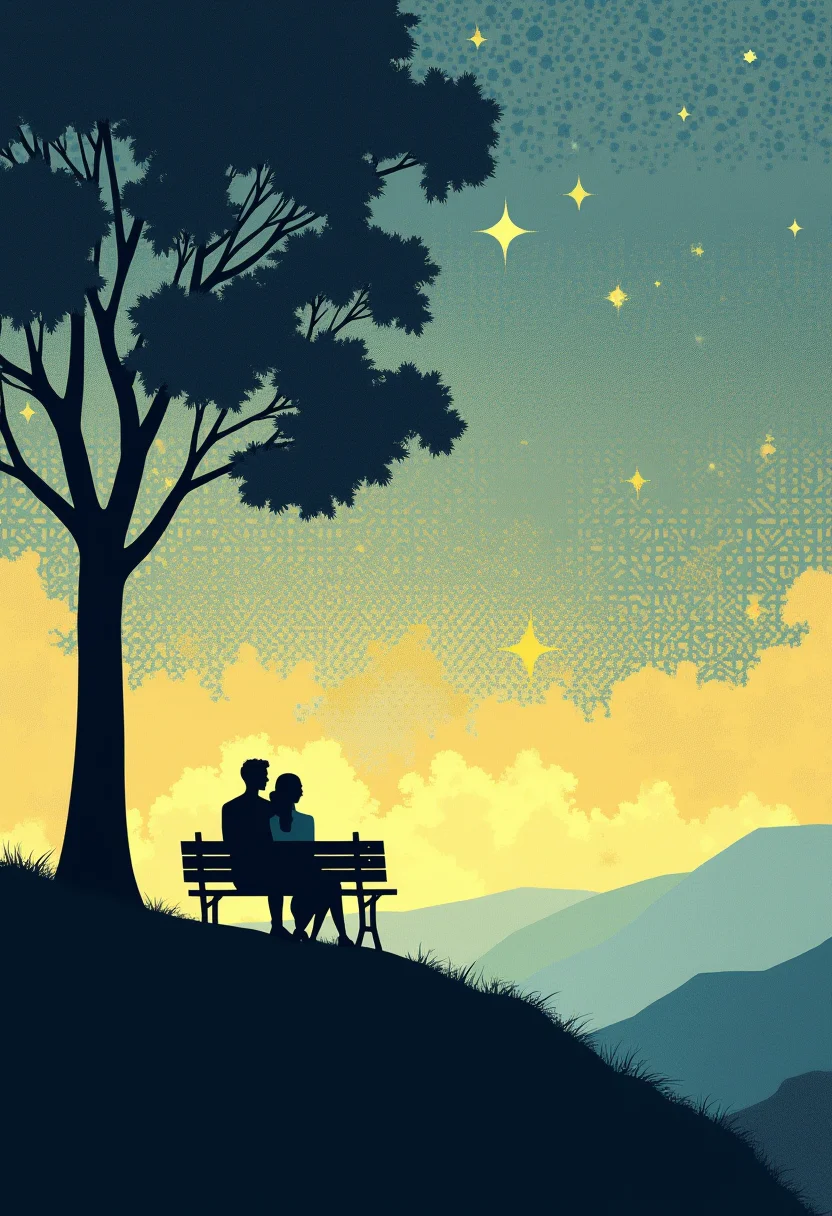 Art Deco illustration, stylized and geometric, a couple silhouetted on a bench contemplates a celestial panorama. Sharp lines define the hillside and a simplified tree. The sky is a patterned mosaic of blues and yellows, with stylized stars. A sense of elegance and optimism pervades the scene, rendered in a limited color palette.