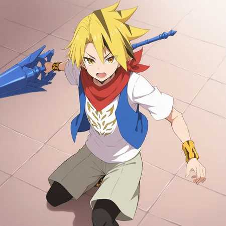 <lora:Noboru_Kodo>,noboru kodo,1boy,male focus,weapon,solo,shorts,vest,open mouth,scarf,grey shorts,shirt,looking at viewer,leggings,leggings under shorts,white t-shirt,(core gadget\(lance\):1.1),holding lance,holding weapon,wristband,single wristband,tiles,masterpiece,high score,great score,absurdres,