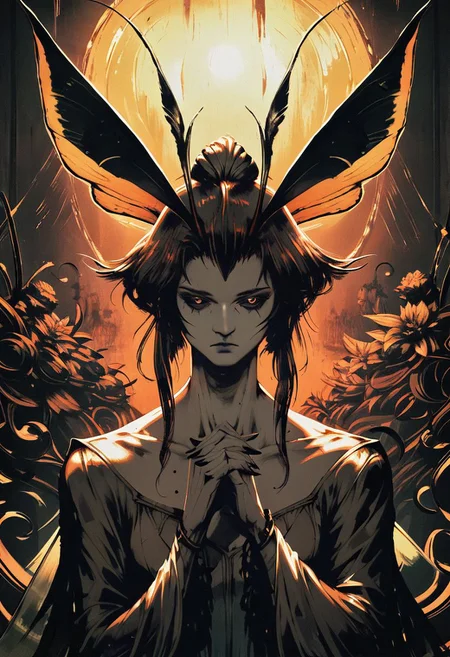 score_9_up, score_8_up, score_7_up, sad 1girl, mourning gothic moth girl, black sclera, moth antennas, moth wings, fae,  dark theme, low light, character focus, best composition, best quality, 1990s \(style\), noir,bpe-illuminati, dramaticart