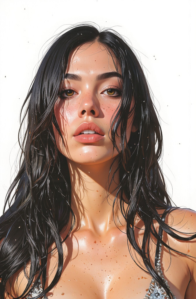 This is a hyper-realistic digital painting of a young woman with long, wet, black hair cascading over her shoulders. Her skin is a warm, sun-kissed tan, glistening with water droplets. She has full, glossy lips and striking, almond-shaped brown eyes. She wears a silver, sequined bikini top, hinting at a beach or poolside setting. The background is a stark white, emphasizing her features. The overall mood is sensual and captivating, with meticulous attention to light and texture.